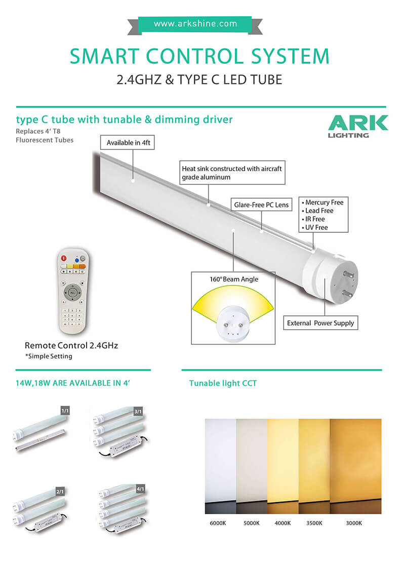 Latest smart light, type c led tube with 2.4GHz smart control system